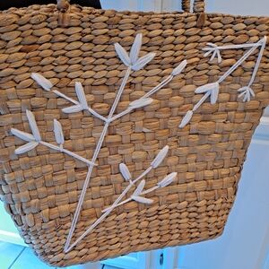 Threshold Woven Tan Tote with White Embroidery